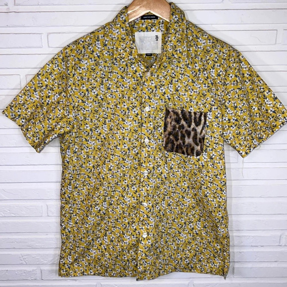 R13 Yellow Floral and Leopard Cotton Tony Button Down Shirt, Unisex Size Small - Picture 2 of 12